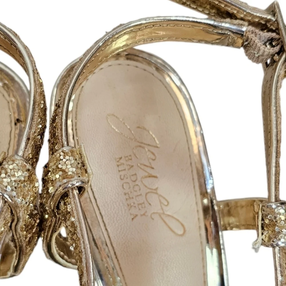 Badgley Mischka Jewel Heels Sz 8 Gold Glitter Sparkle New Years Cocktail Strappy